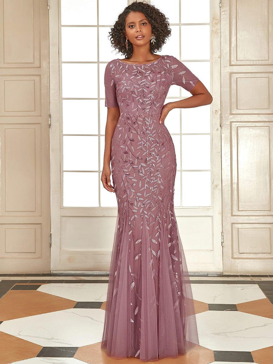 Sequin Leaf Maxi Long Fishtail Tulle Prom Dresses With Half Sleeve #color_Purple Orchid
