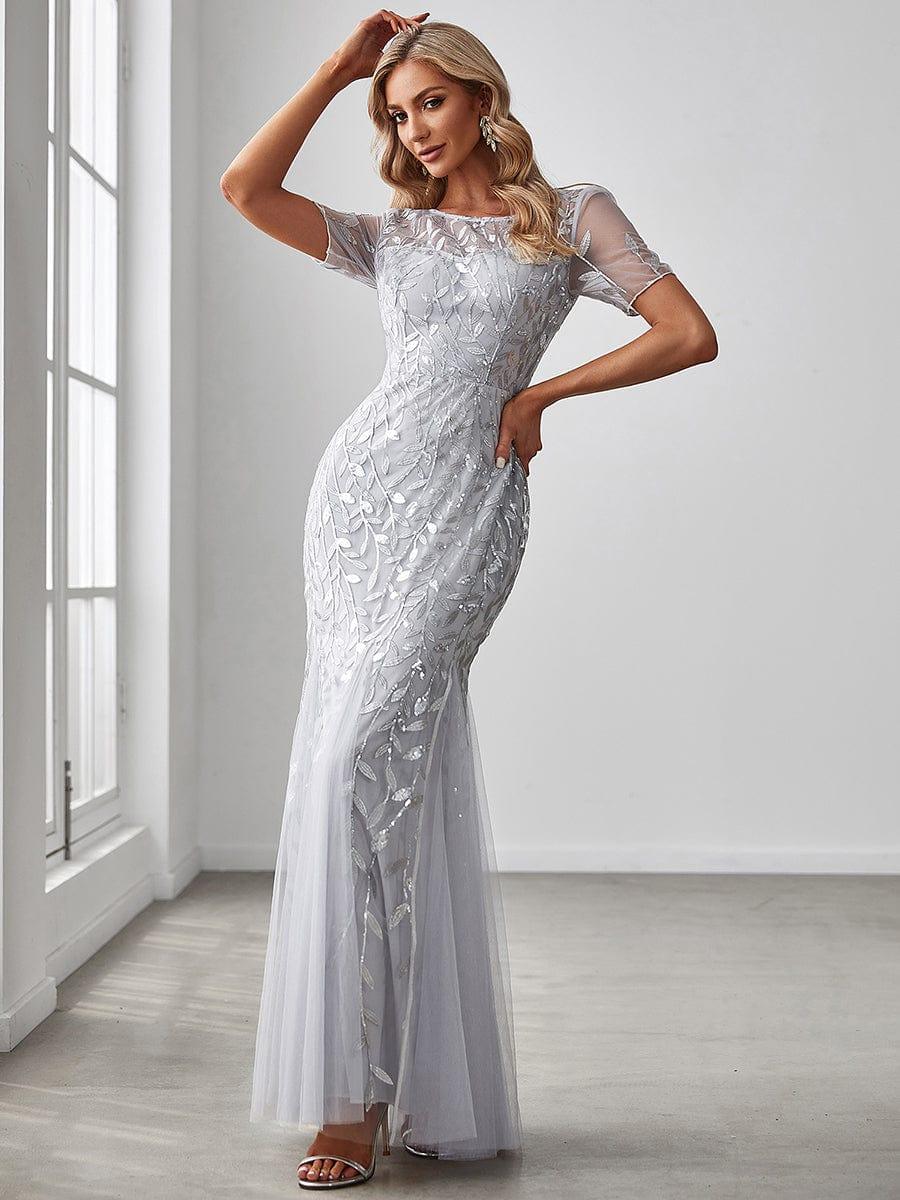 Sequin Leaf Maxi Long Fishtail Tulle Prom Dresses With Half Sleeves #color_Silver