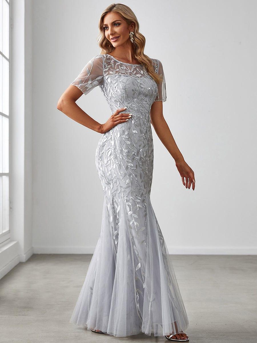 Sequin Leaf Maxi Long Fishtail Tulle Prom Dresses With Half Sleeves #color_Silver