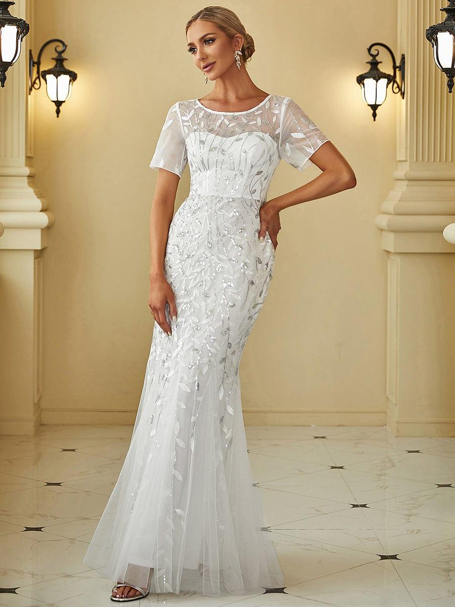 Sequin Leaf Maxi Long Fishtail Tulle Prom Dresses With Half Sleeves #color_White