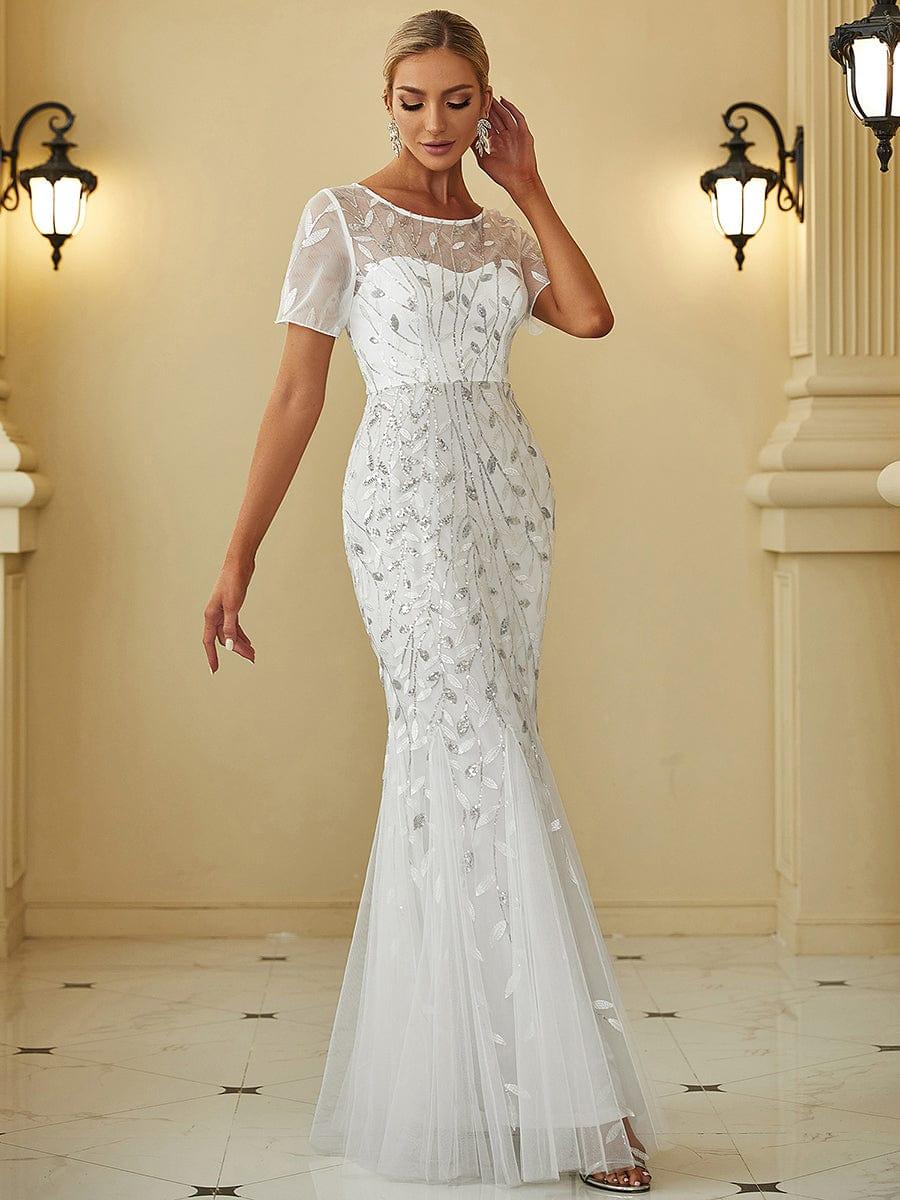 Sequin Leaf Maxi Long Fishtail Tulle Prom Dresses With Half Sleeves #color_White