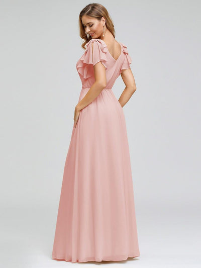 Maxi Long Chiffon Evening Dress for Women with Ruffles Sleeves #color_Pink