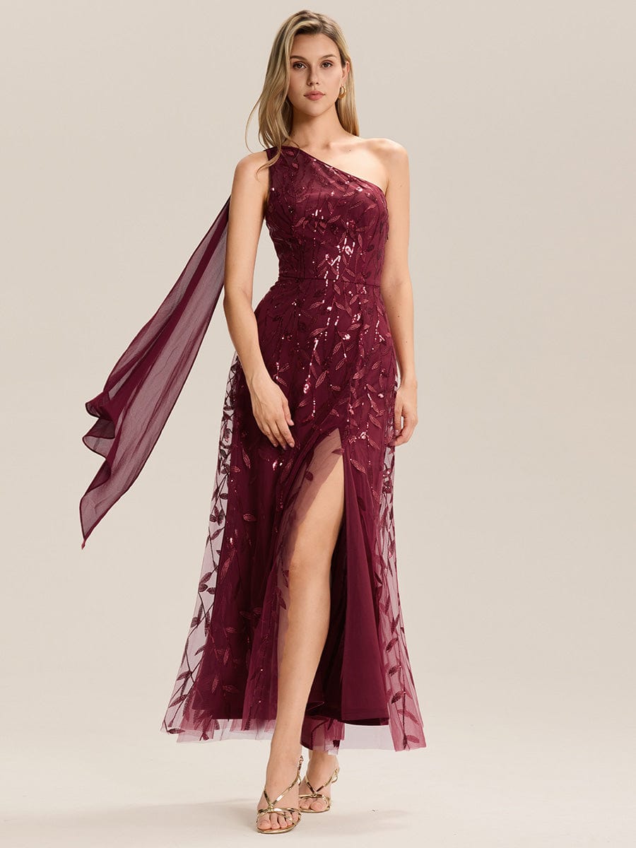 Flowing Ribbons One Shoulder Sequin Guest Dress