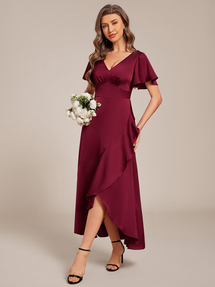 High-Low Ruffled Satin Dress.