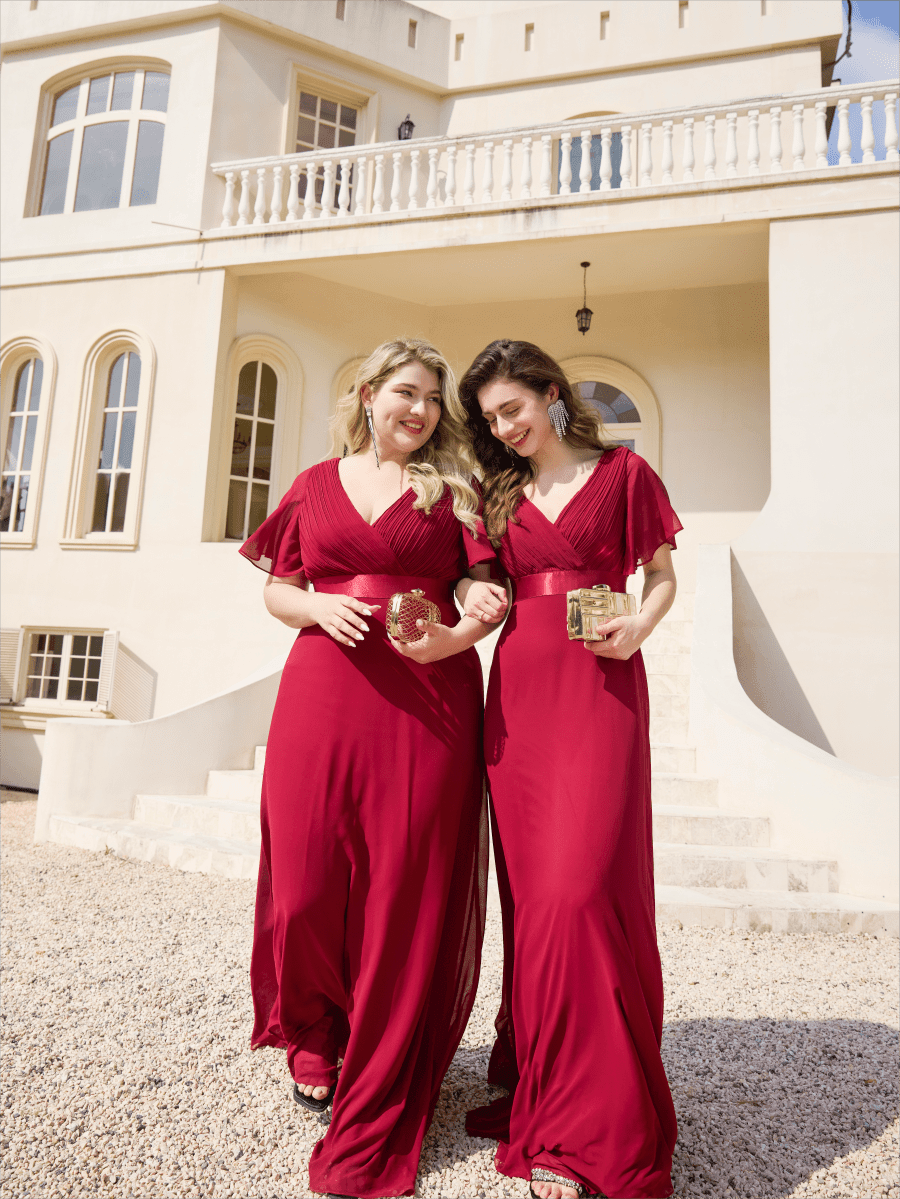 Long Empire Waist Bridesmaid Dress with Short Flutter Sleeves #color_Burgundy