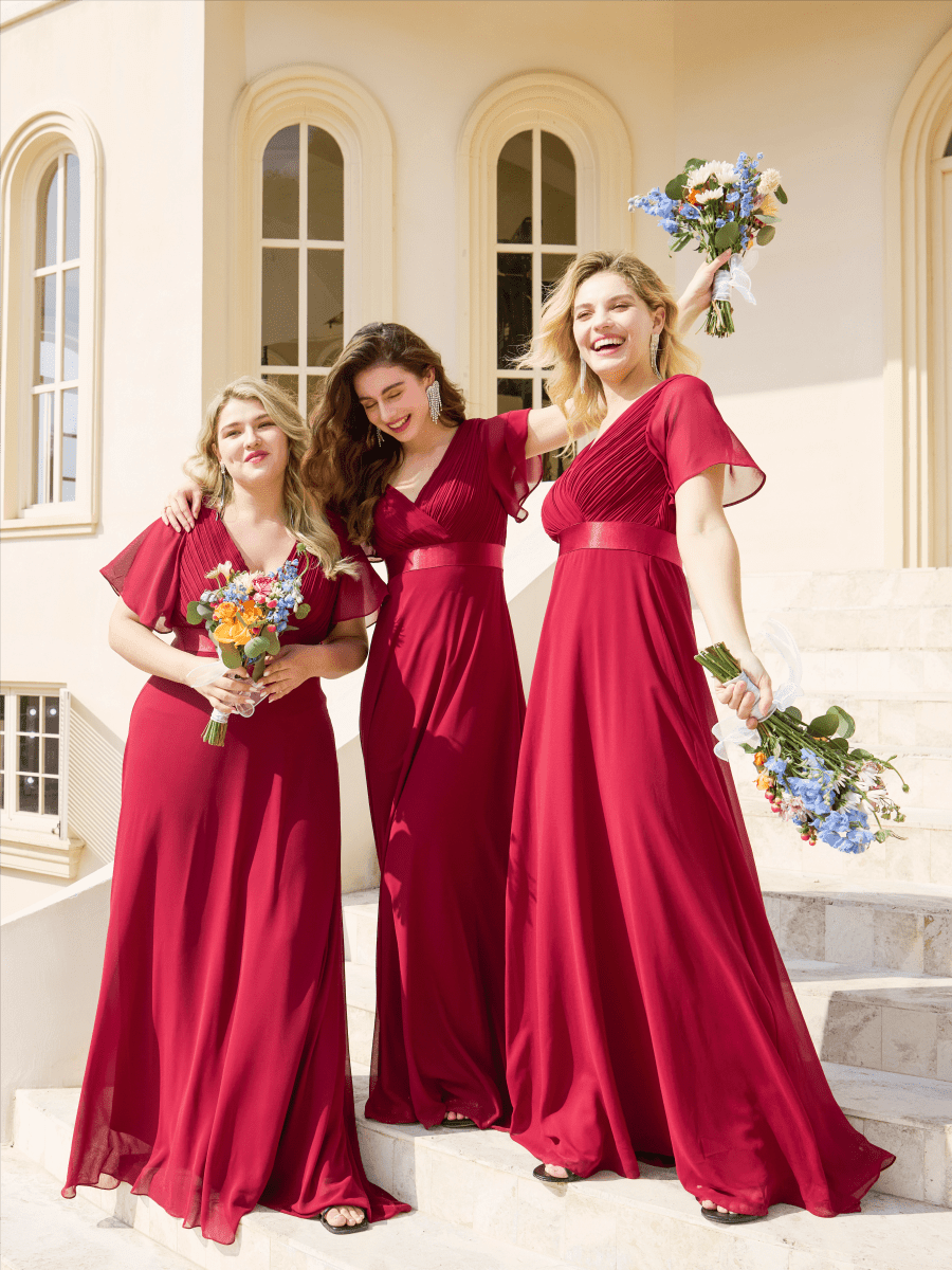 Long Empire Waist Bridesmaid Dress with Short Flutter Sleeves #color_Burgundy