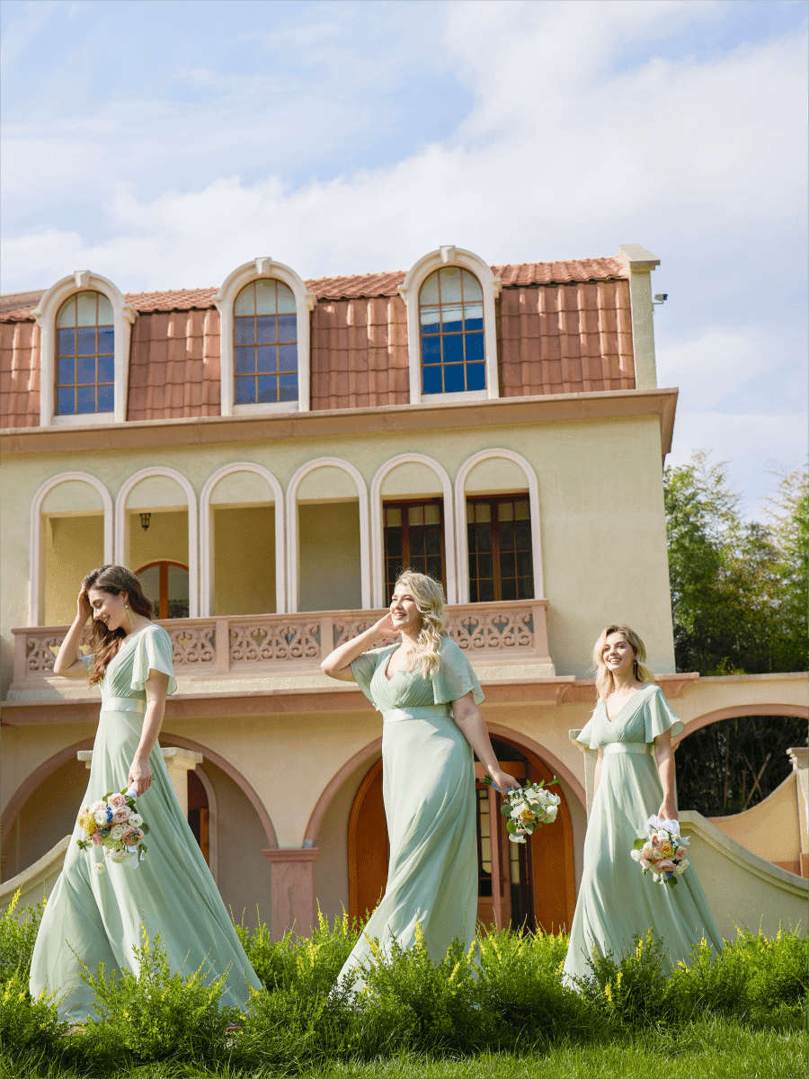 Long Empire Waist Bridesmaid Dress with Short Flutter Sleeves #color_Mint Green