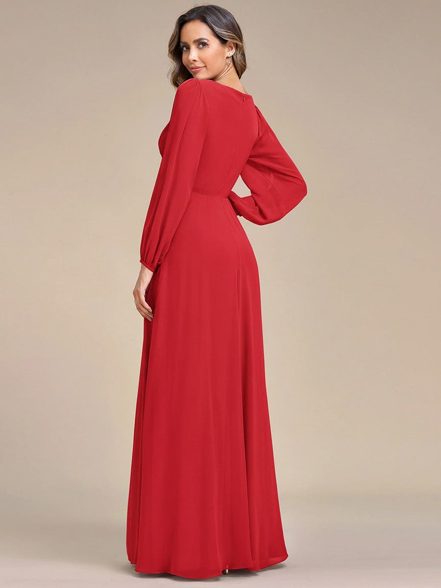 Lantern Long Slit Sleeve Deep V Applique Maxi Evening Dress #color_Red