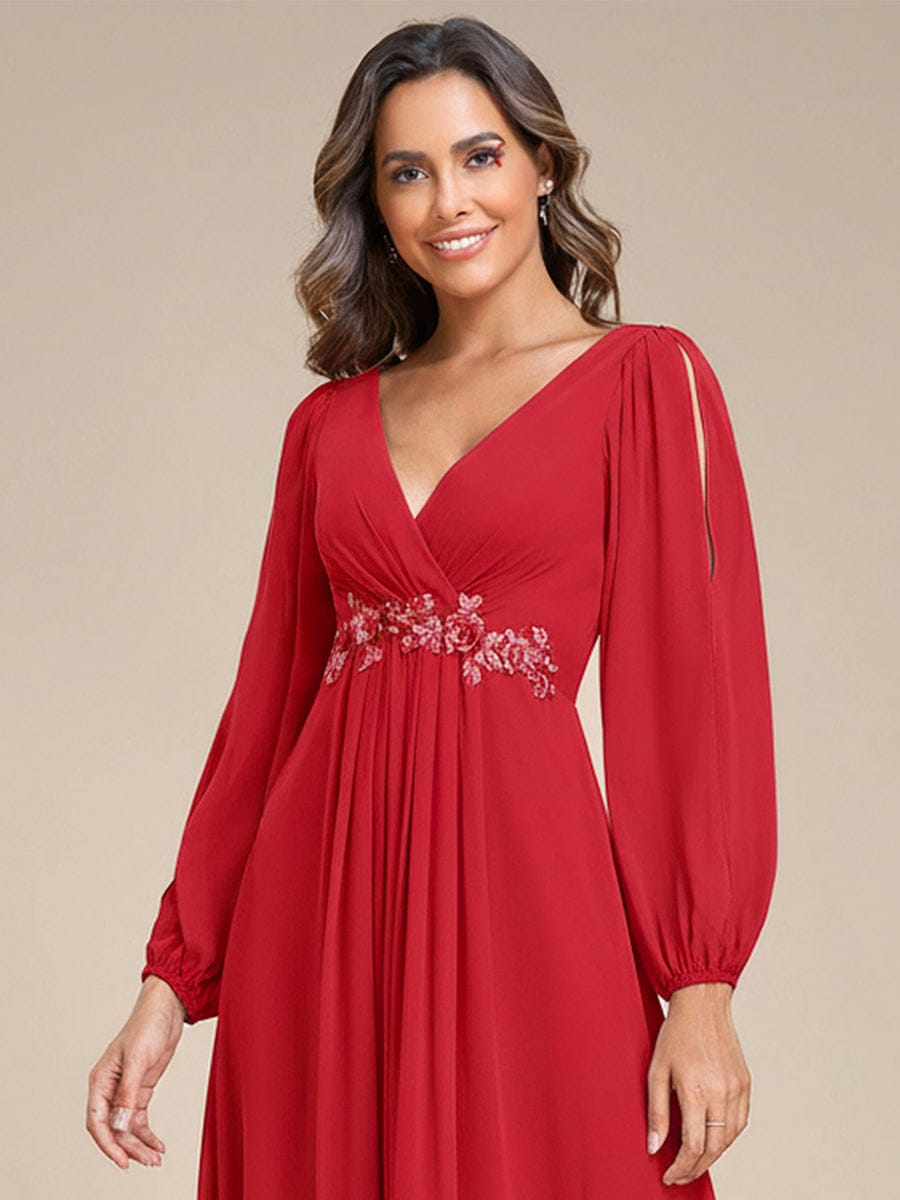 Lantern Long Slit Sleeve Deep V Applique Maxi Evening Dress #color_Red