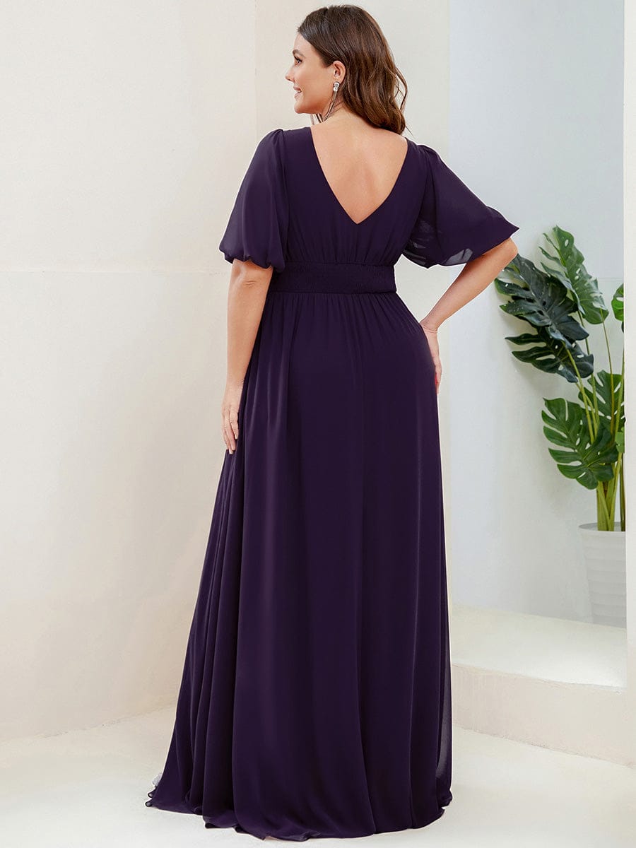 Short Sleeve V-Neck Front Slit Chiffon Evening Dress #color_Dark Purple