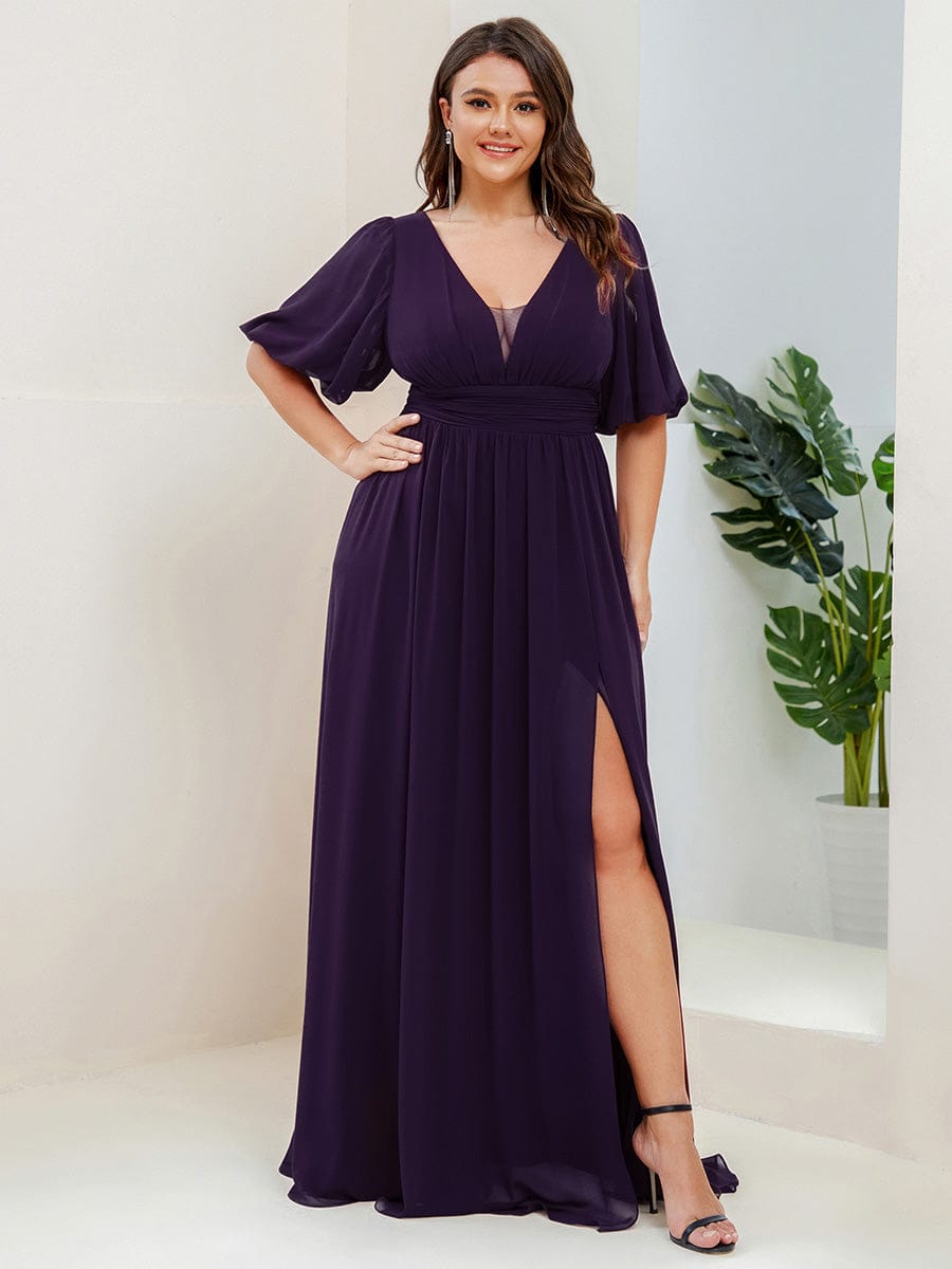 Short Sleeve V-Neck Front Slit Chiffon Evening Dress #color_Dark Purple