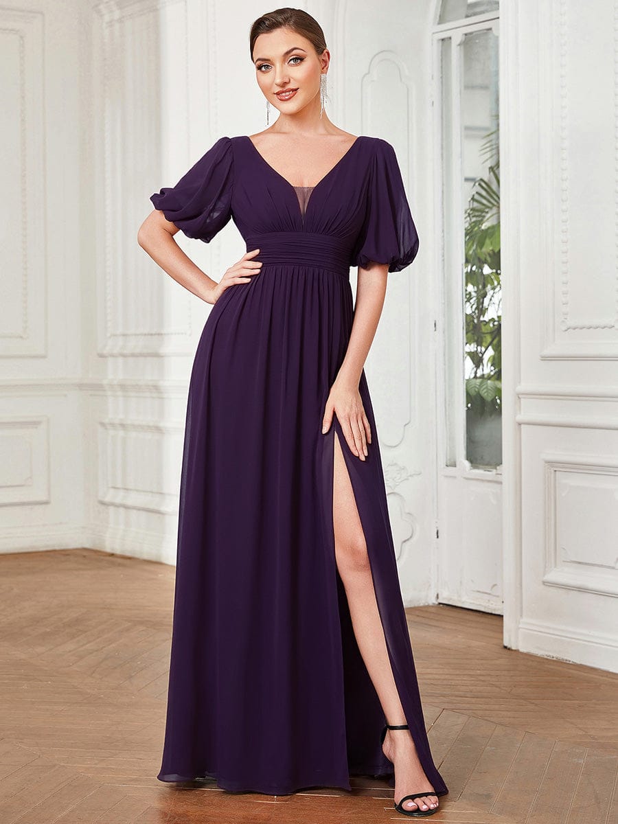 Short Sleeve V-Neck Front Slit Chiffon Evening Dress #color_Dark Purple