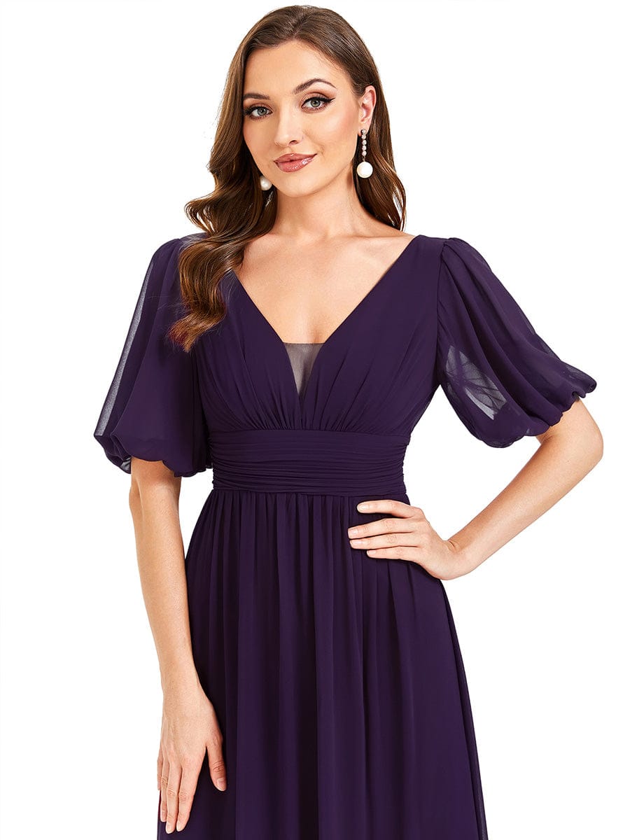 Short Sleeve V-Neck Front Slit Chiffon Evening Dress #color_Dark Purple
