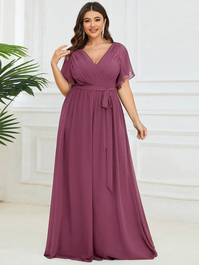 V-Neck Flutter Sleeve Floor-Length A-Line Chiffon Evening Dress #color_Damson