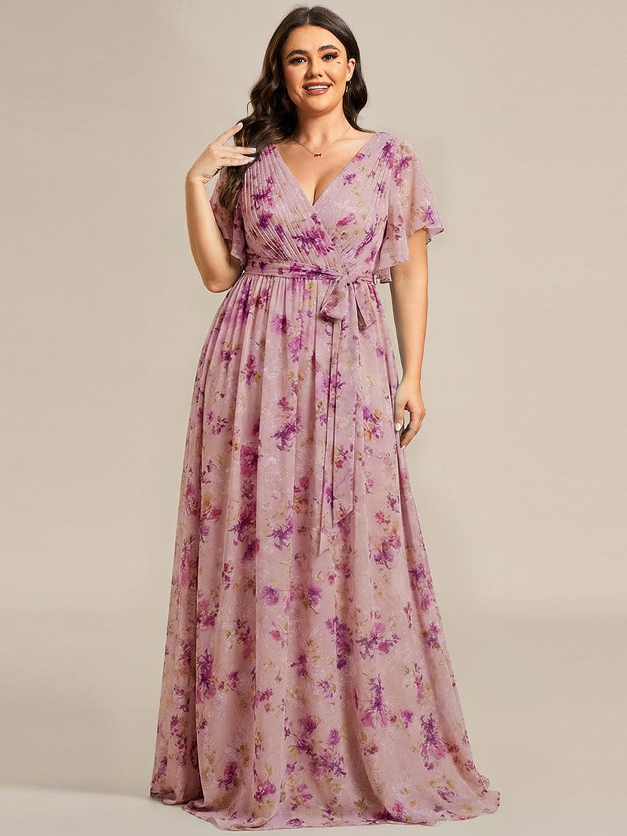 V-Neck Flutter Sleeve Floor-Length A-Line Chiffon Bridesmaid Dress #color_LU