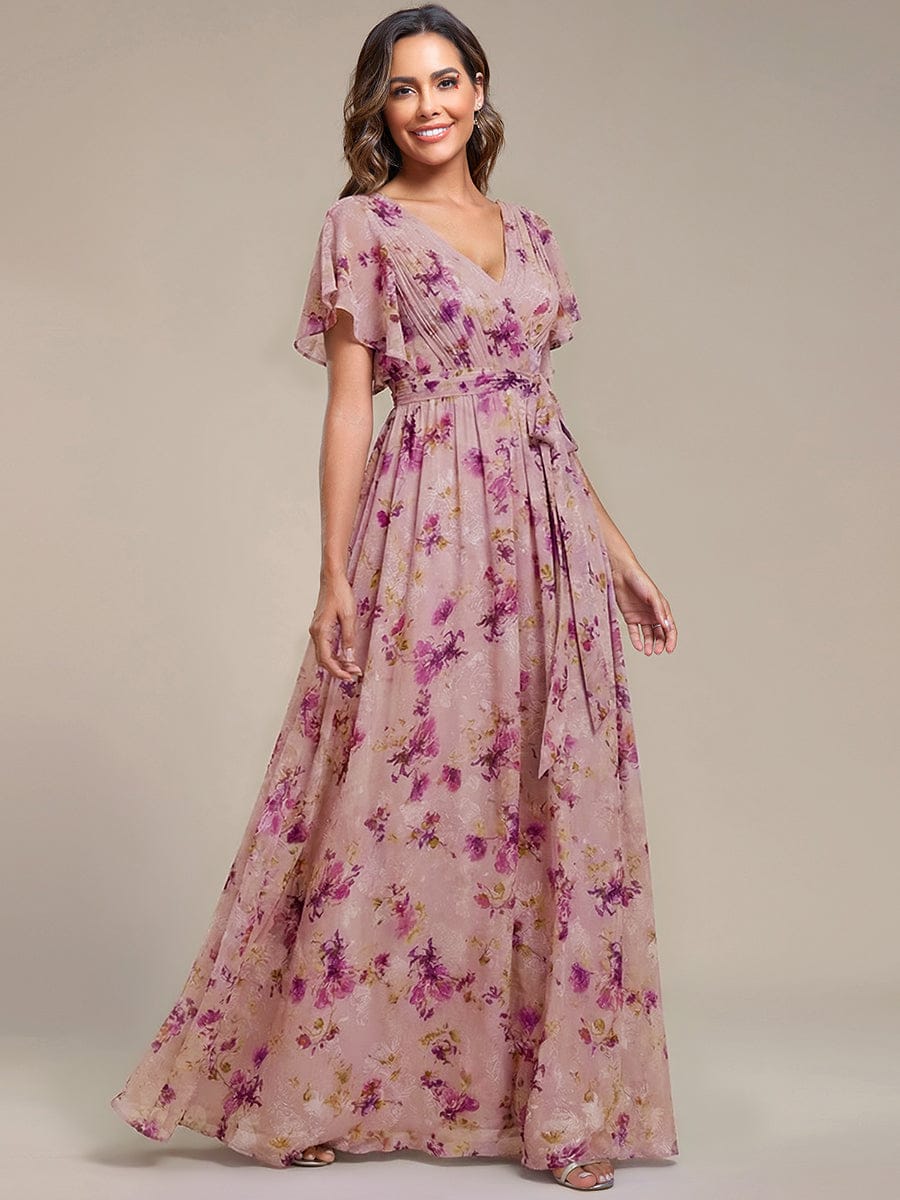 V-Neck Flutter Sleeve Floor-Length A-Line Chiffon Bridesmaid Dress #color_LU