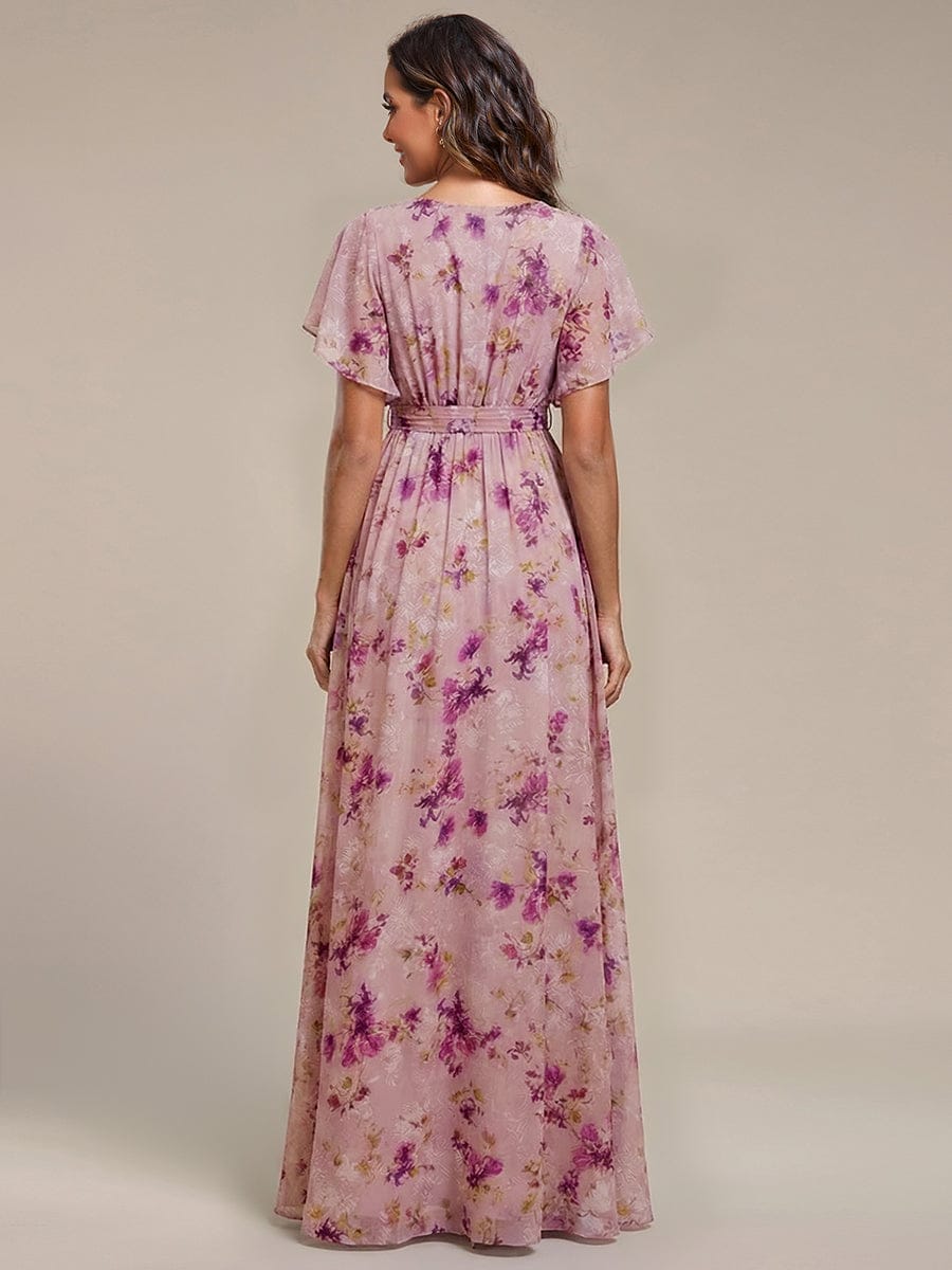 V-Neck Flutter Sleeve Floor-Length A-Line Chiffon Bridesmaid Dress #color_LU