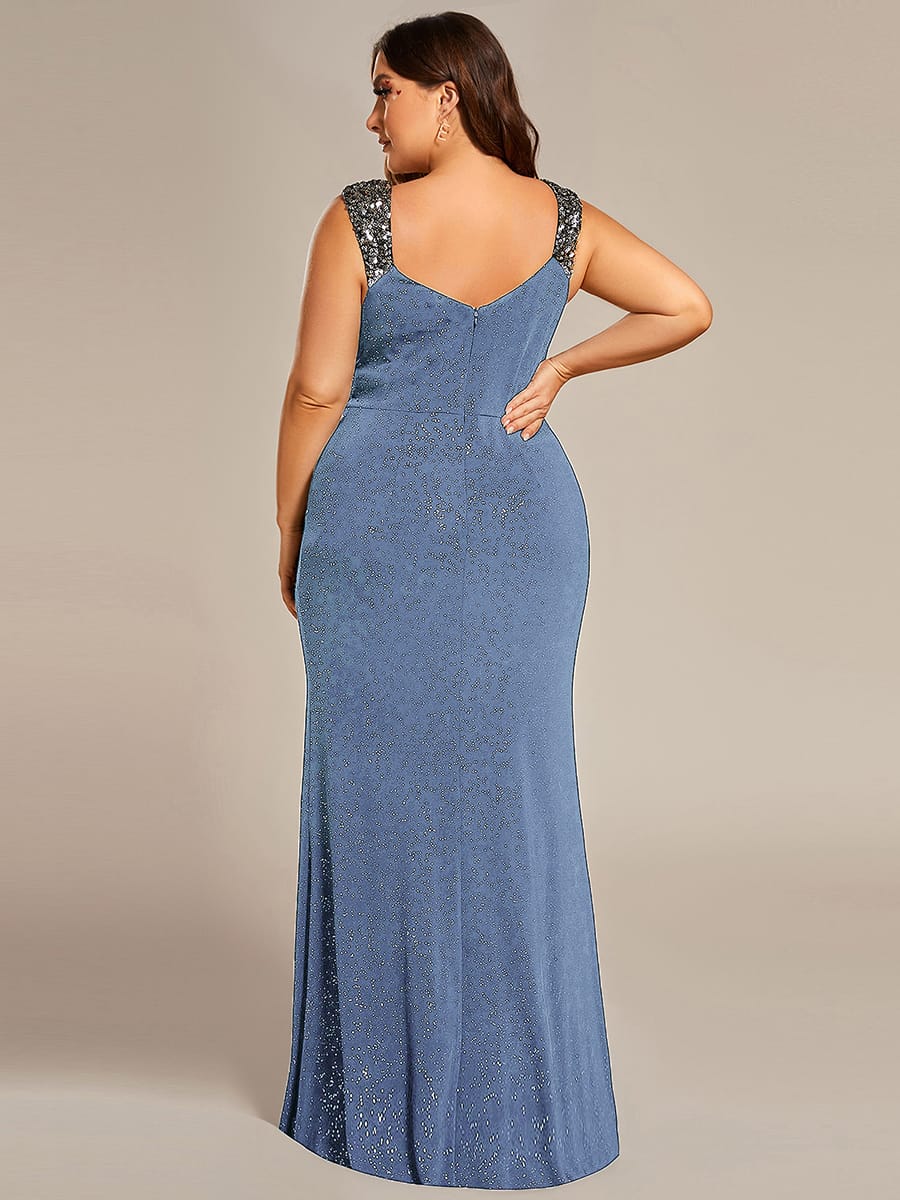 Elegant Sequin V Neck High Slit Evening Dress #color_Dusty Blue