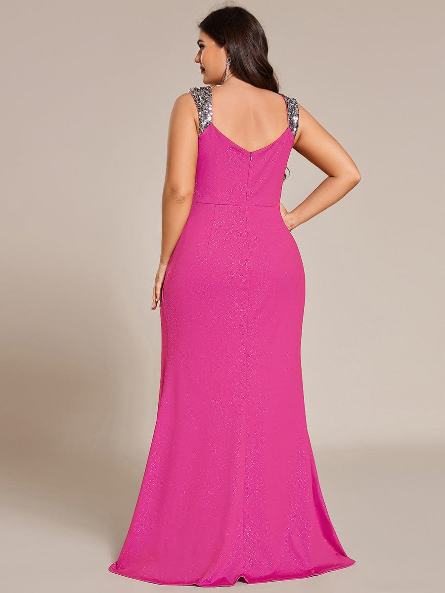 Elegant Sequin V Neck High Slit Evening Dress #color_Hot Pink