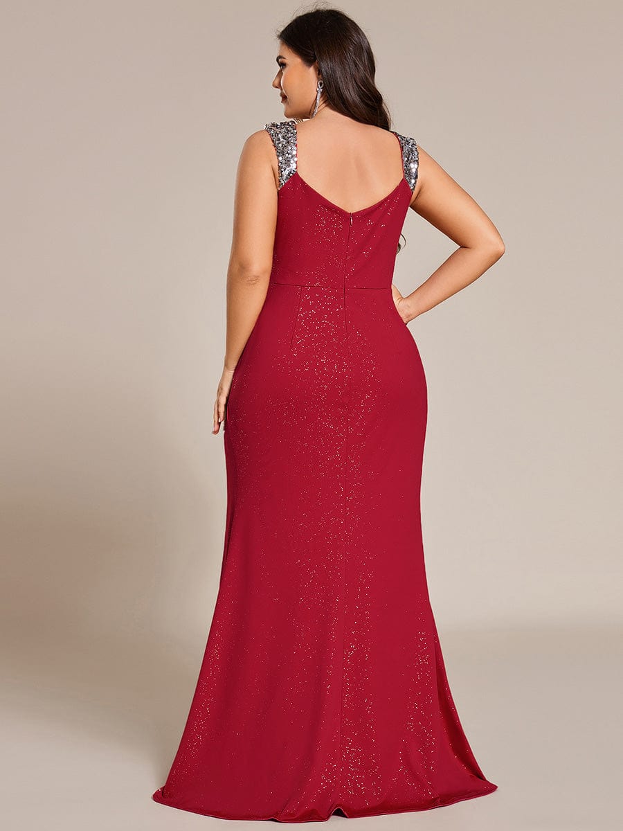 Elegant Sequin V Neck High Slit Evening Dress #color_Red