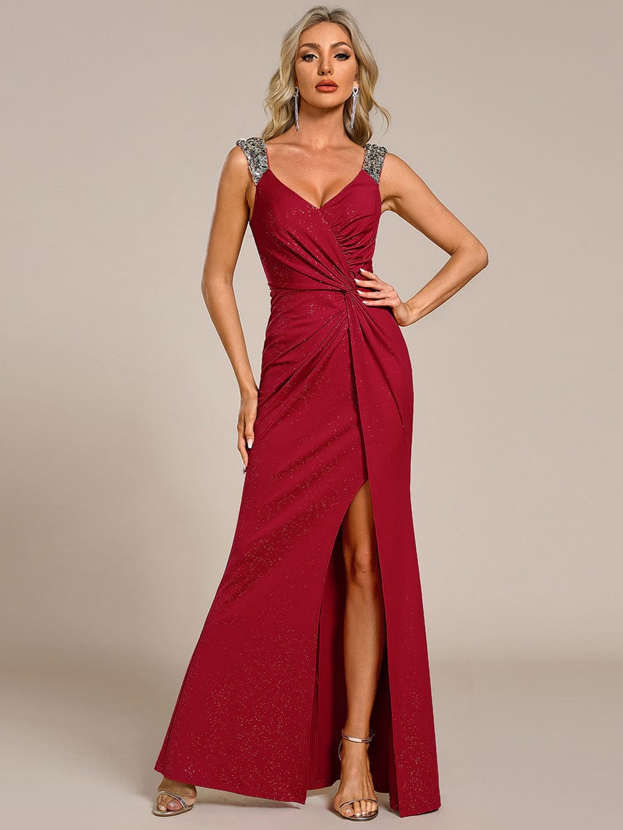 Elegant Sequin V Neck High Slit Evening Dress #color_Red