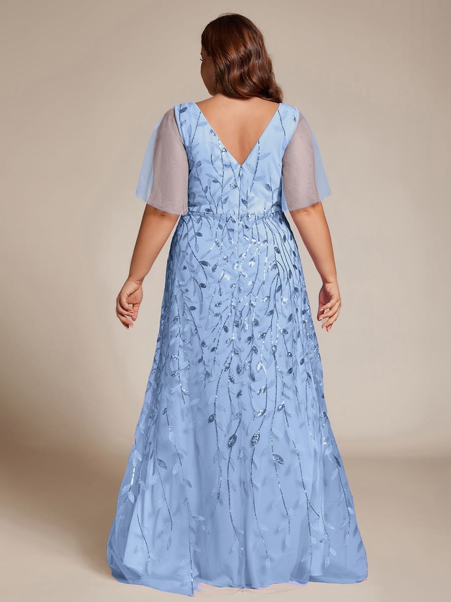 V-Neck Sequined Evening Dresses with High Slit #color_Sky Blue