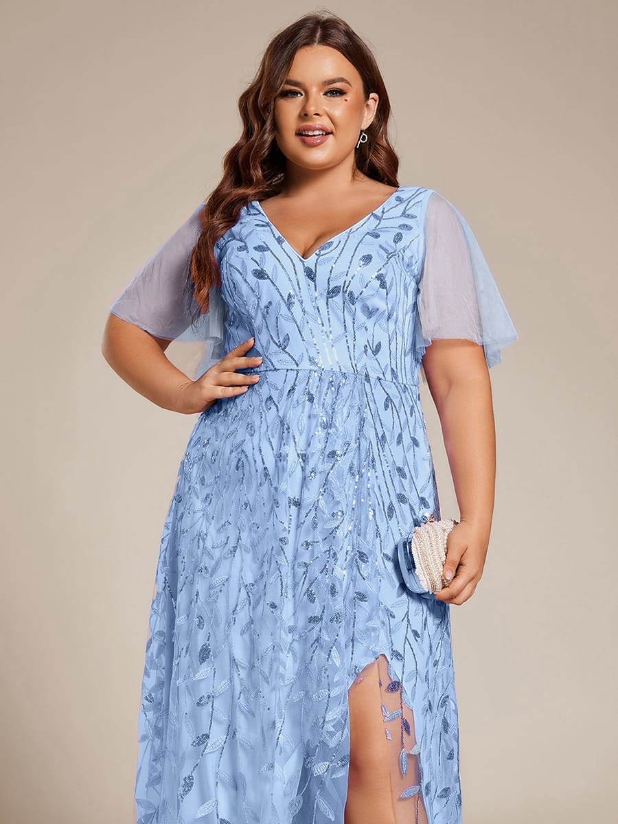 V-Neck Sequined Evening Dresses with High Slit #color_Sky Blue
