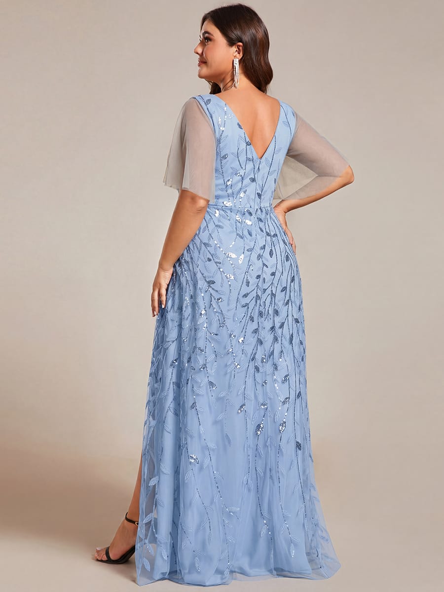 V-Neck Sequined Evening Dresses with High Slit #color_Sky Blue