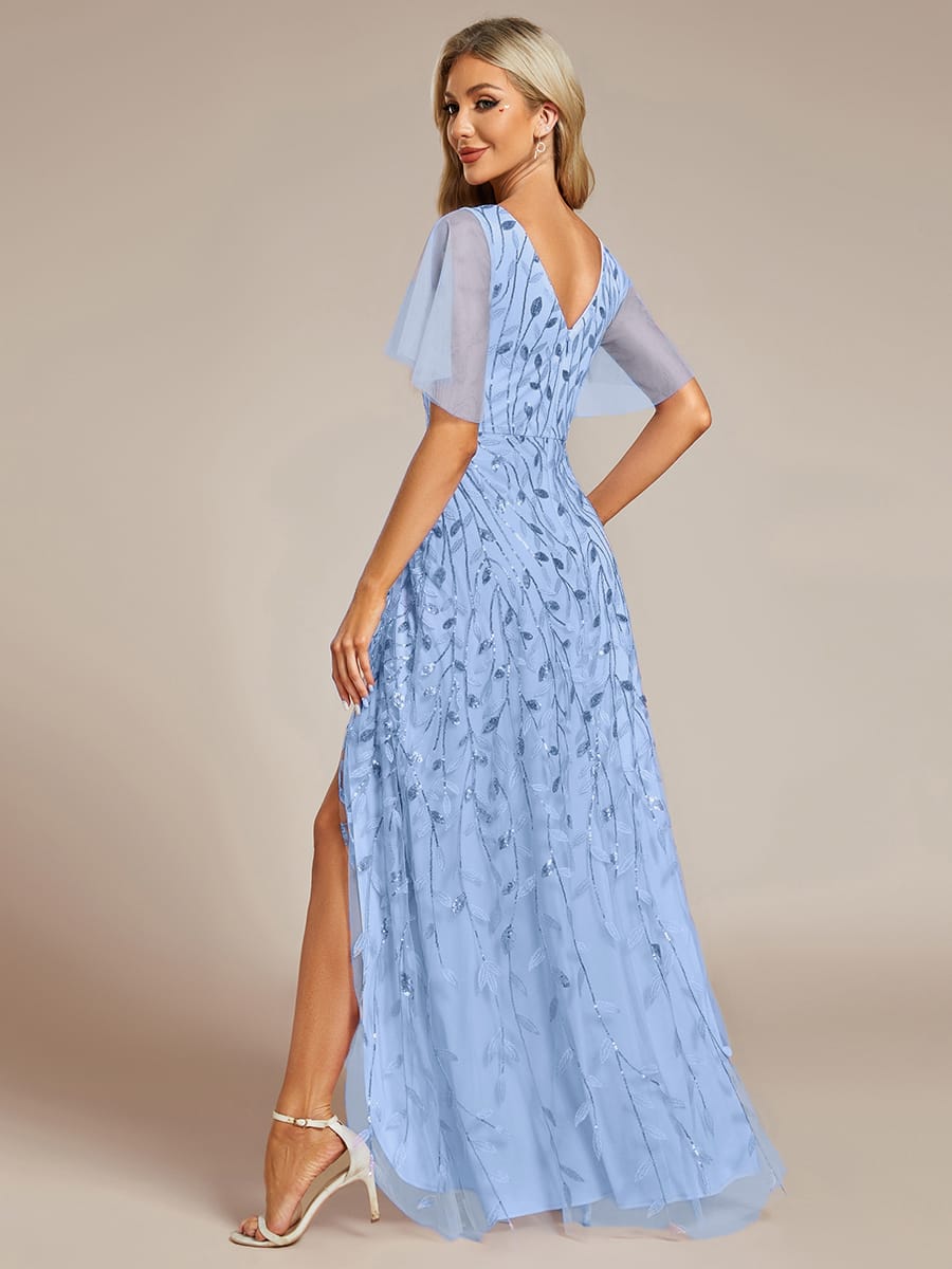 V-Neck Sequined Evening Dresses with High Slit #color_Sky Blue