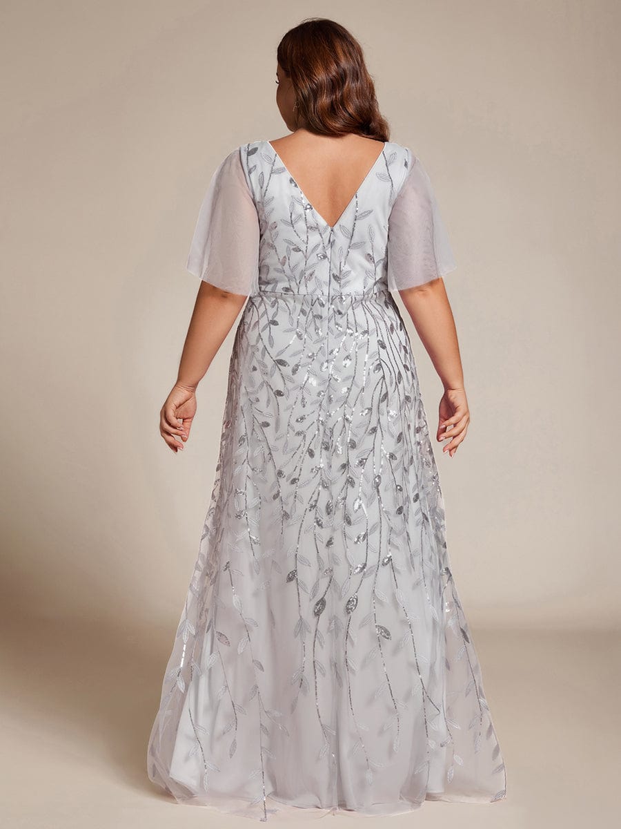 V-Neck Sequined Evening Dresses with High Slit #color_Silver