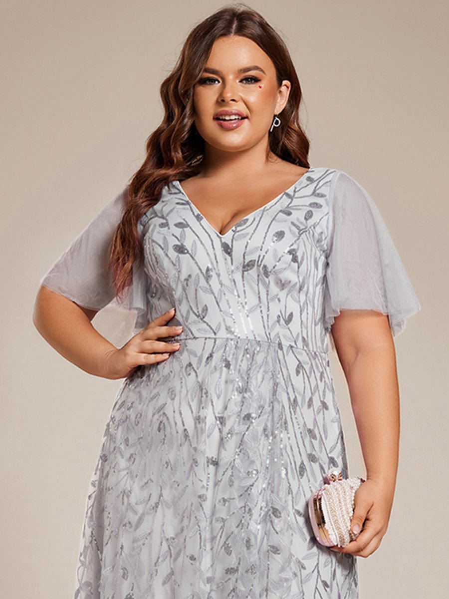 Plus Size V-Neck Sequined Evening Dresses with High Slit #color_Silver