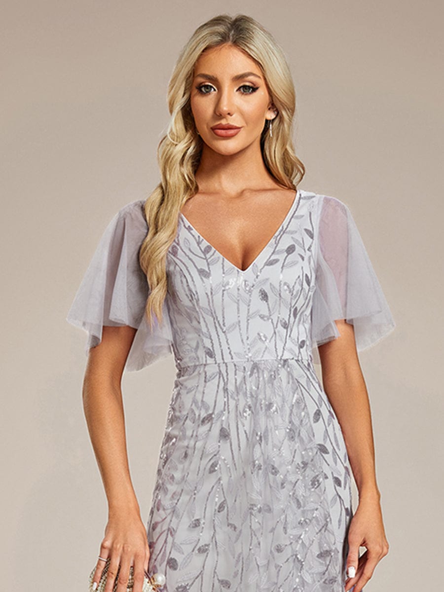 V-Neck Sequined Evening Dresses with High Slit #color_Silver