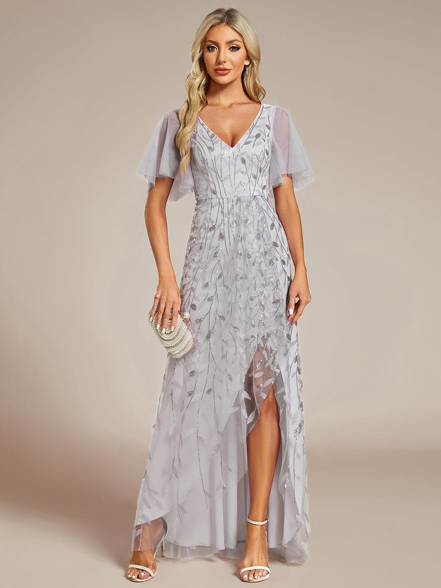 V-Neck Sequined Evening Dresses with High Slit #color_Silver