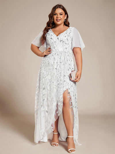 Plus Size V-Neck Sequined Evening Dresses with High Slit #color_White