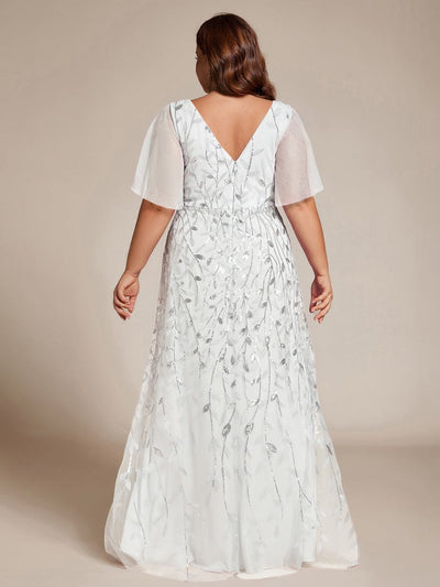 Plus Size V-Neck Sequined Evening Dresses with High Slit #color_White