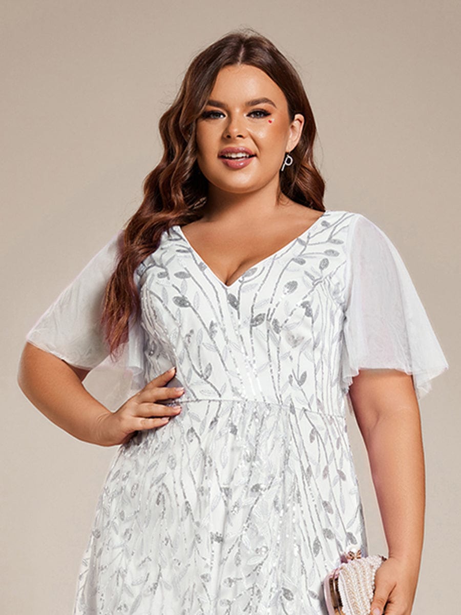 Plus Size V-Neck Sequined Evening Dresses with High Slit #color_White