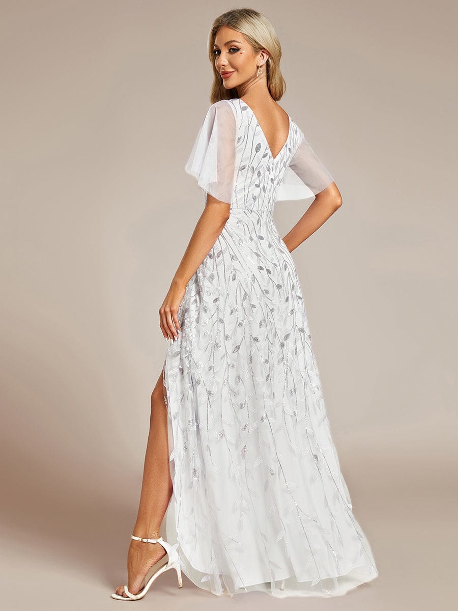 V-Neck Sequined Evening Dresses with High Slit #color_White