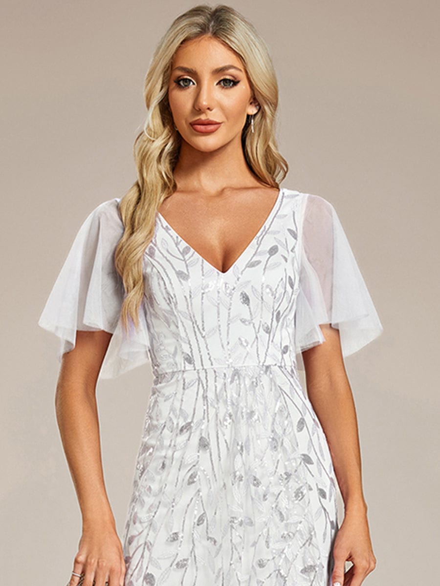 V-Neck Sequined Evening Dresses with High Slit #color_White