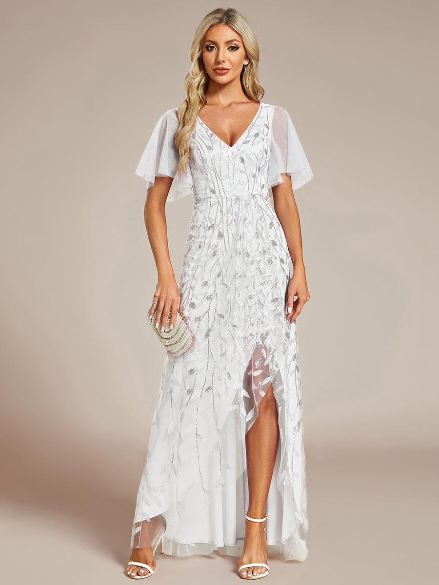 V-Neck Sequined Evening Dresses with High Slit #color_White