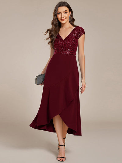 Short Sleeve Sequin Asymmetrical Chiffon Midi Evening Dress #color_Burgundy