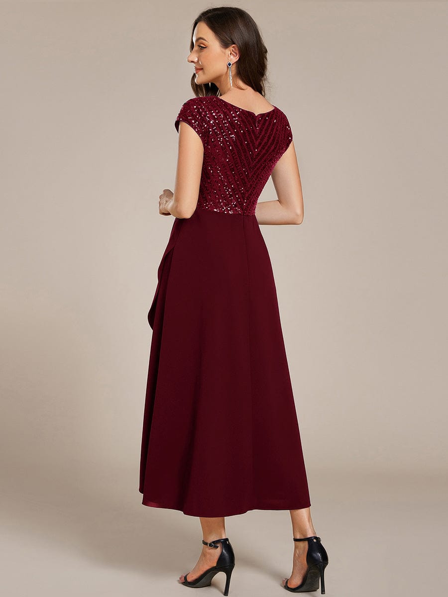 Short Sleeve Sequin Asymmetrical Chiffon Midi Evening Dress #color_Burgundy