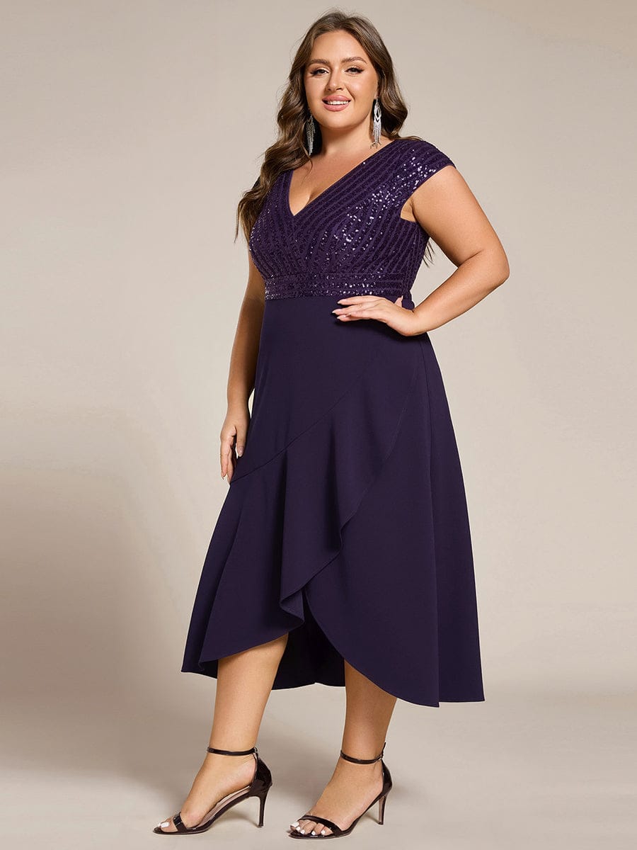 ever BAYLOR|Plus Size Short Sleeve Sequin Asymmetrical Midi Evening Dress
