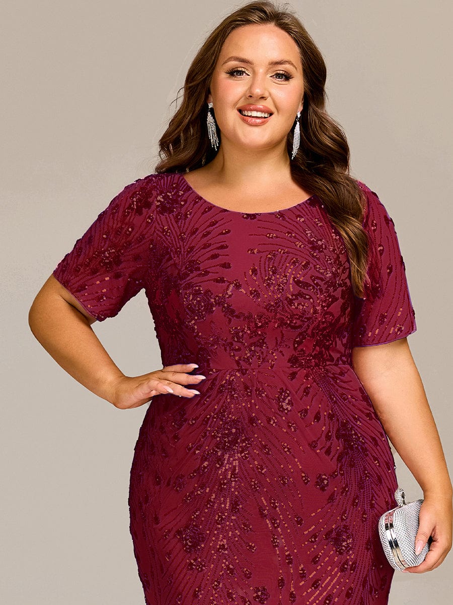 Sequin Mermaid Round Neck Evening Dress #color_Burgundy
