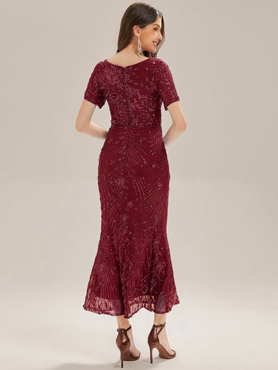 Sequin Mermaid Round Neck Evening Dress #color_Burgundy