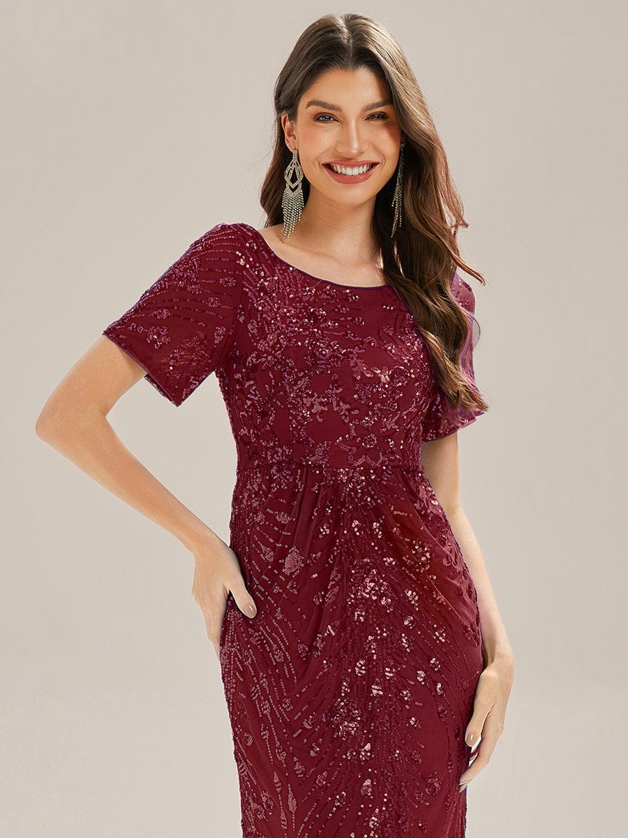 Sequin Mermaid Round Neck Evening Dress #color_Burgundy