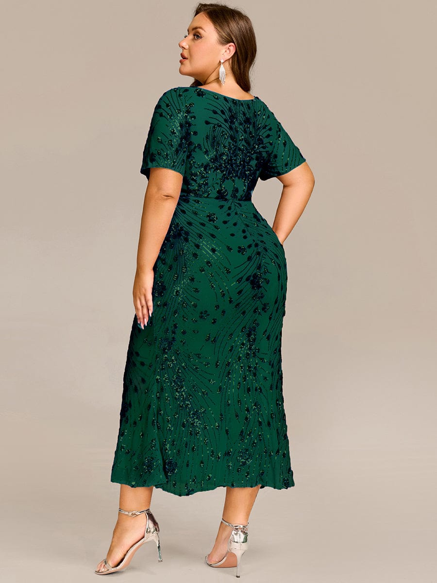 Sequin Mermaid Round Neck Evening Dress #color_Dark Green