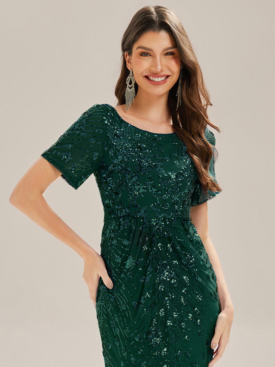 Sequin Mermaid Round Neck Evening Dress #color_Dark Green