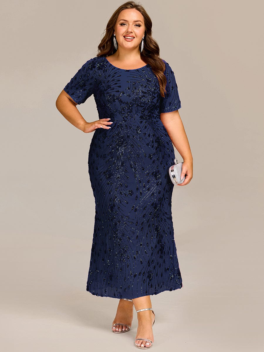 Sequin Mermaid Round Neck Evening Dress #color_Navy Blue