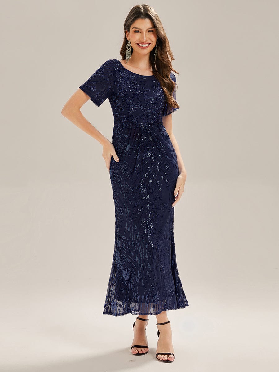 Sequin Mermaid Round Neck Evening Dress #color_Navy Blue