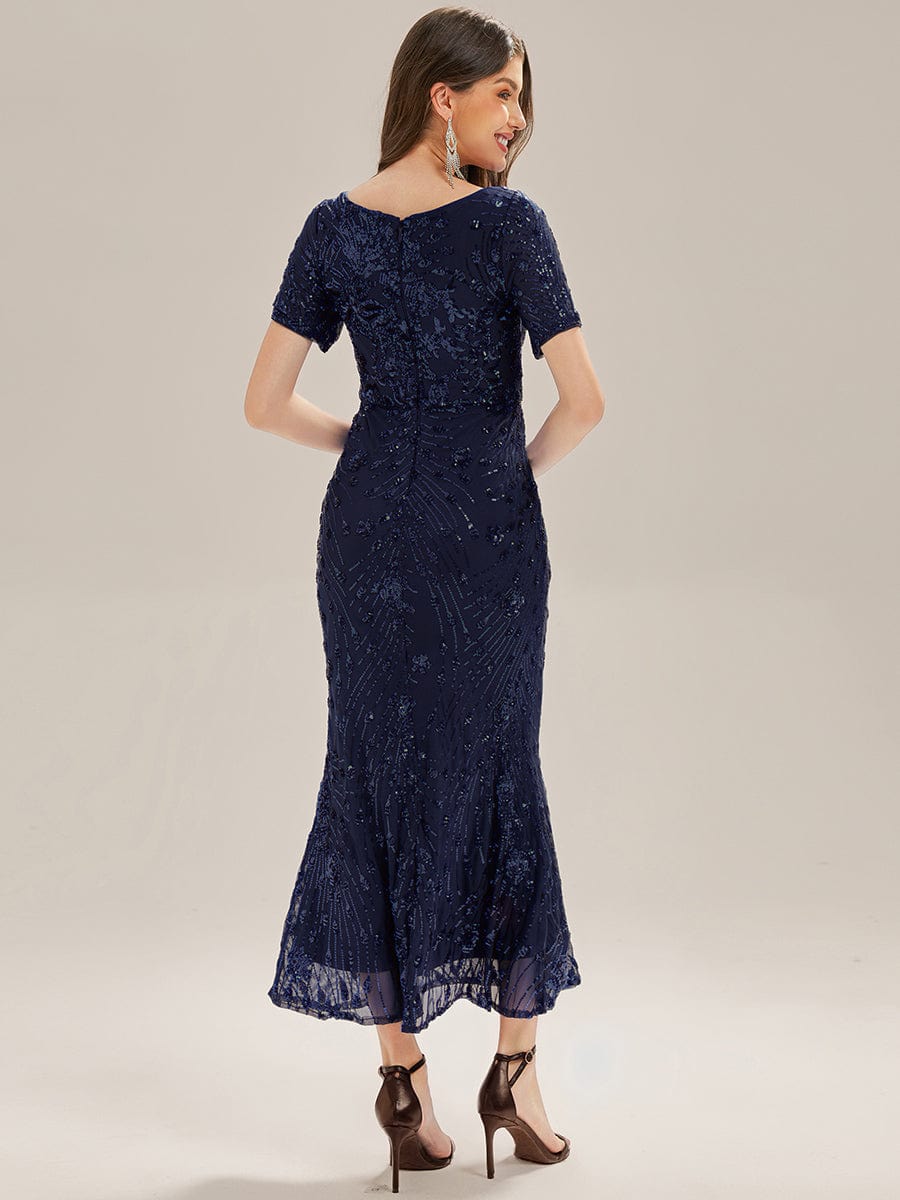 Sequin Mermaid Round Neck Evening Dress #color_Navy Blue